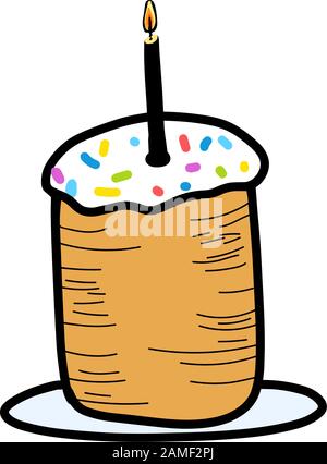 Gâteau de Pâques avec saupoudrer et bougie chrétienne dans le style de dessin animé isolé en fond blanc. Symbole Joyeuse Pâques dessiné à la main. Gâteau pascal avec candl Illustration de Vecteur