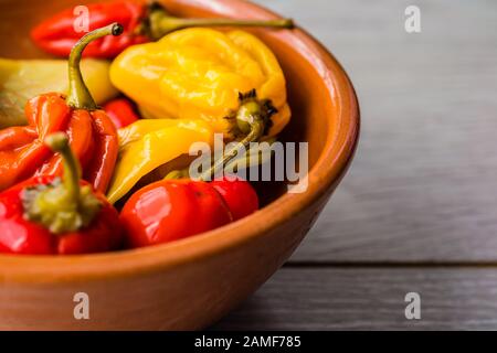 Assortiment d'enfants chauds dans un bol en céramique marron. Banque D'Images