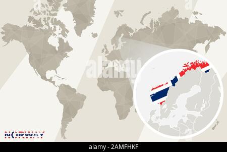 Zoom sur la carte et le drapeau de Norvège. Carte Du Monde. Illustration de Vecteur