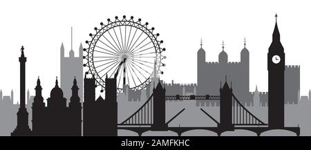 Monochrome London City Skyline silhouette vecteur Illustration en noir et gris couleurs isolées sur fond blanc. Silhouette vectorielle panoramique Illus Illustration de Vecteur