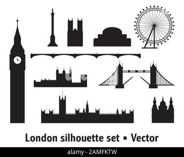 Ensemble vectoriel de monuments de Londres. Illustration vectorielle City Skyline dans des couleurs noires isolées sur fond blanc. Ensemble de contours de silhouette vectorielle Illustration de Vecteur