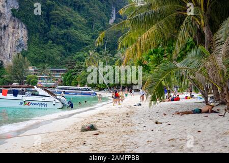 Phi Phi Island, Thaïlande - 24 novembre 2019: Les gens et les touristes bronzer à Ao Tonsai Beach dans Phi Phi Island. Banque D'Images