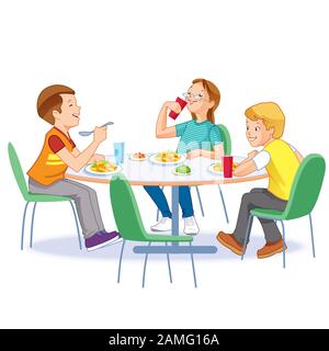 Les enfants heureux qui ont le déjeuner eux-mêmes. Deux garçons et une fille qui mangent des repas à table. Concept de nutrition de l'enfant. Illustration de Vecteur