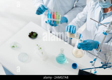 vue rognée des biologistes en couches blanches faisant l'essai en laboratoire Banque D'Images