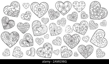 Ensemble de coeurs dessinés à la main. Arrière-plan de la Saint Valentin. Motif pour livre de coloriage. Vecteur, doodle, zentangle, henné éléments de conception. Noir A Illustration de Vecteur