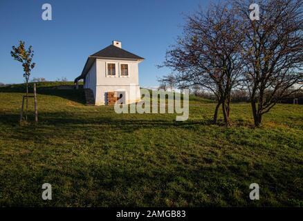 Ancienne maison à vin avec cave à vin dans le parc du musem en plein air Rochus Uherske Hradiste, République tchèque Banque D'Images