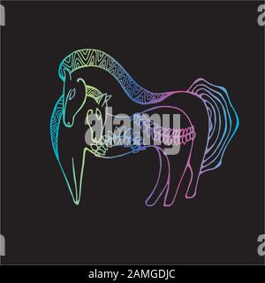 Illustration couleur de deux chevaux avec branches de fougères dans le style Scythian. Illustration de Vecteur