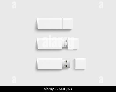 Jeu de maquettes de lecteur usb blanc vierge, chemin d'attache Banque D'Images