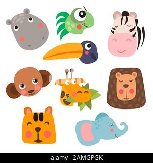 Safari Animal Cute Visages dans télévision isolé style vector illustration. Collection safari décoratif. Cartoon vector enfantin visage animaux safari set Illustration de Vecteur