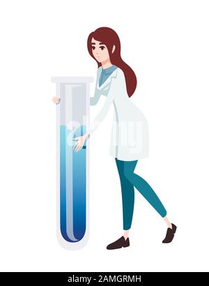 Technicien de laboratoire féminin en manteau blanc tenant un tube à essai géant avec dessin vectoriel plat de dessin de personnage de dessin animé liquide bleu. Illustration de Vecteur