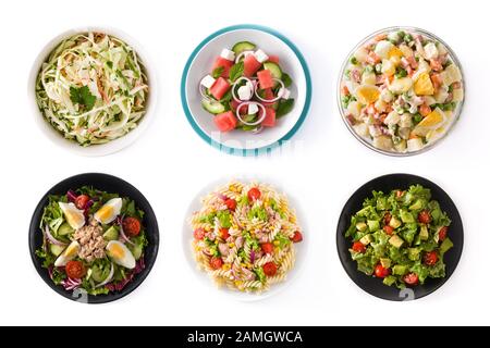 Collage de salades saines isolées sur fond blanc Banque D'Images