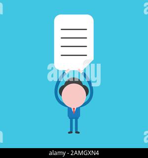 Illustration vectorielle du caractère homme d'affaires sans visage tenant du papier écrit sur fond bleu. Illustration de Vecteur