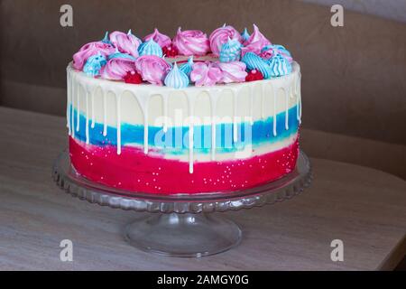 gâteau festif lumineux avec des meringues multicolores sur une table sur un fond clair, sexe de vacances de l'enfant à naître. Banque D'Images