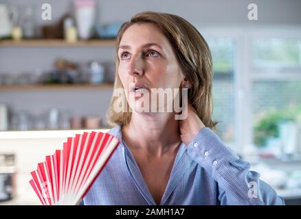 Femme Mûre Éprouvant Un Rinçage À Chaud De La Ménopause En Utilisant Le Ventilateur Banque D'Images