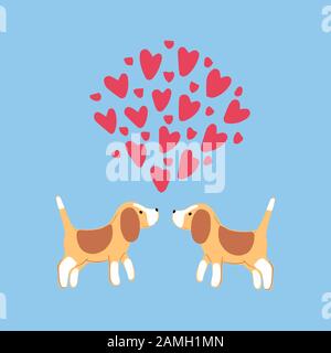 Deux jolis beagles avec coeurs sur fond bleu.Valentines jour carte de voeux. Illustration vectorielle EPS 10. Illustration de Vecteur