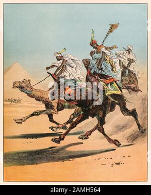 Arabes courses de chameaux en Egypte de P.T. Menagerie de Barnum publiée en 1888, illustration de Sarah J. Burke. Banque D'Images