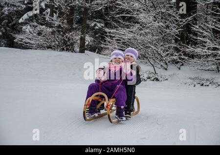 deux belles petites filles qui courent en traîneau dans la forêt d'hiver avec beaucoup de neige Banque D'Images