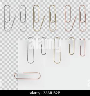 Jeu de clips en papier métallique réalistes. Jeu de vecteurs. Accessoire pour trombone de papeterie pour le maintien de plusieurs feuilles de papier Illustration de Vecteur
