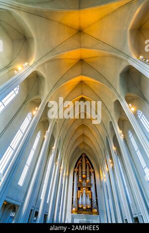 Grandes Colonnes Fenêtres Plafond D'Orgue En Bois Hallgrimskirkja Grande Église Luthérienne Reykjavik Islande. Plus grande église et structure la plus haute en Islande. Banque D'Images