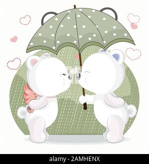 Embrasser dans l'amour White Girl et garçon Teddy Bear sous la pluie sous parapluie. Dessin à la main style dessin animé, pour t-shirt porter imprimé mode, saluer Illustration de Vecteur