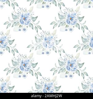 Fleurs bleues et brindilles de plantes motifs aquarelle dessinés à la main. Composition botanique, texture de l'arche de fleur. Lin décoratif et feuilles aquarelle Banque D'Images