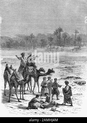 Les voyageurs arabes qui consultent un mirage du désert, phénomène optique naturel dans lequel les rayons lumineux se torquent par réfraction pour produire une image déplacée d'objets éloignés ou du ciel Banque D'Images