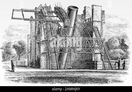 Astronomie : le « Grand télescope » ou Léviathan de Parsonstown ou le télescope Rosse, du troisième comte de Rosse, télescope astronomique avec réflecteur de 183 cm. Il a été achevé en 1845 et a été utilisé pendant plusieurs décennies avant que les dernières observations aient été faites au cours des premières années du XXe siècle. Il a été démantelé en 1914, mais la structure a été restaurée et le télescope reconstruit dans les années 1990 et est ouvert au public. Banque D'Images