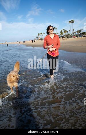 Jeune femme et chien en mer à Corona del Mar State Beach Newport Beach Californie du Sud États-Unis Banque D'Images