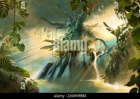 Beau paysage de jungle de rêve avec grand arbre ancien, peut être utilisé comme fond d'écran ou fond d'écran Banque D'Images