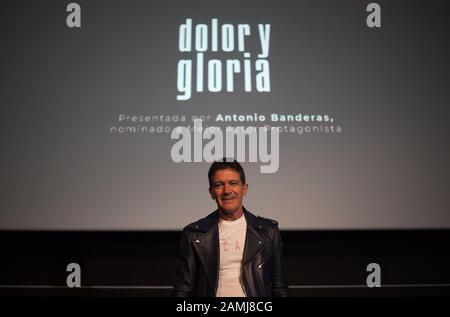 L'acteur et réalisateur espagnol Antonio Banderas, qui a été nominé pour recevoir le Prix Goya espagnol et le Prix de l'Académie du meilleur acteur parle assiste à un événement promotionnel pour présenter la projection du film "Dilor y Gloria" (Pain et gloire) dirigé par le réalisateur espagnol Pedro Almodovar à Albeniz Cinema, Dans le cadre des activités de la cérémonie de remise des prix Goya de l'Académie espagnole du film. La ville de Malaga accueille la cérémonie de remise des prix Goya (célébrée le 25 janvier) avec des expositions photographiques et des projections précédentes de films nominés pour recevoir le prix Goya du meilleur film. Banque D'Images