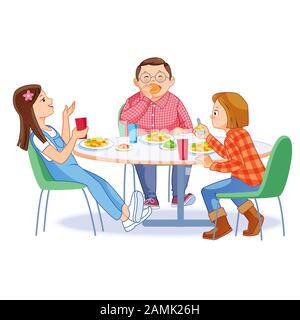 Les enfants heureux qui prennent le petit déjeuner eux-mêmes. Deux filles et un garçon mangeant des repas du matin à la table. Concept de nutrition de l'enfant. Illustration vectorielle pour bannière Illustration de Vecteur