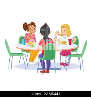 Les enfants qui mangent le petit déjeuner. Les enfants heureux qui prennent le petit déjeuner eux-mêmes. Illustration vectorielle pour bannière, affiche, site Web, brochure Illustration de Vecteur