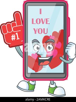 Smartphone amour mascotte style dessin animé tenant un doigt en mousse Illustration de Vecteur