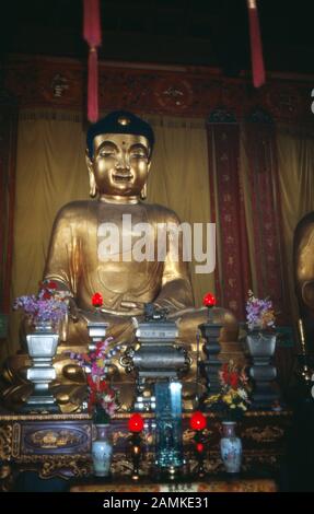 Statue de Bouddha de Goldene mit Autel im Konfuzius-Tempel à Nanjing, Chine 1980er Jahre. Statue et autel du Bouddha d'or au temple Kung Fu Tse de Nanjing, Chine, années 1980. Banque D'Images