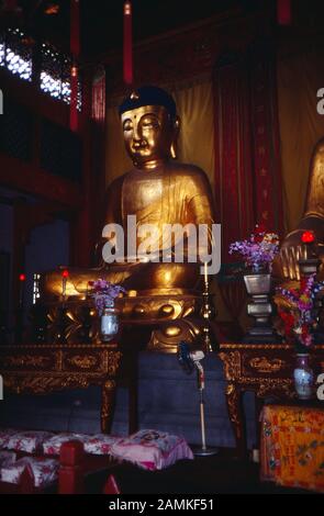 Goldene Buddha Staute im Konfuzius-Tempel à Nanjing, Chine 1980er Jahre. Statue du bouddha d'or temple Kung Fu Tse de Nanjing, Chine années 1980. Banque D'Images