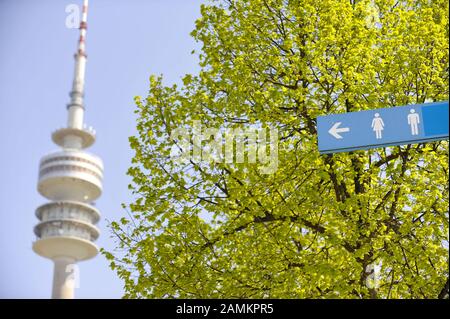 Signpost aux toilettes publiques du parc olympique de Munich, en arrière-plan de la tour olympique. [traduction automatique] Banque D'Images