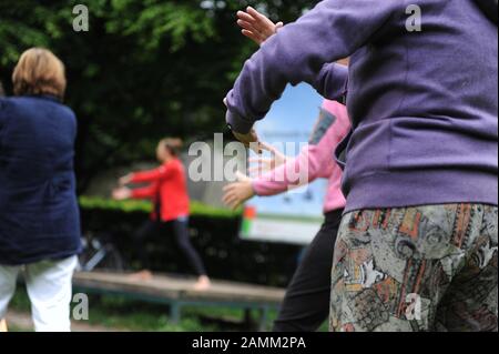 Les participants au matin 'Qi Gong avant le travail' sur la prairie de gymnastique à Luitpoldpark. L'offre sous la direction d'un entraîneur fait partie du programme de sports d'été gratuit 'Fit im Park' de la ville de Munich. [traduction automatique] Banque D'Images