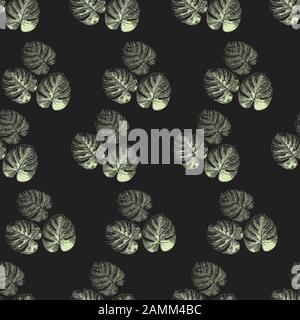 La paume de Monstera laisse un vert clair sur fond vectoriel transparent noir. Motif feuilles tropicales. Nature exotique toile de fond répétée. Usine de Philodendron Illustration de Vecteur