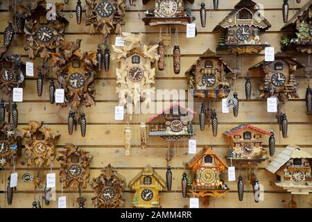 Les horloges des couckoo de la Forêt noire pendent dans le parc de l'horloge Elble à Triberg. [traduction automatique] Banque D'Images