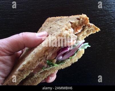 Tenez à la main le sandwich au saumon, une fois mordu. Bavière, Allemagne, Europe [traduction automatique] Banque D'Images