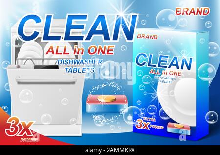 Savon pour vaisselle. Un emballage en plastique réaliste pour le lavage de la vaisselle avec un design de détergent. Tablette pour lave-vaisselle. illustration vectorielle tridimensionnelle Illustration de Vecteur