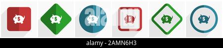 Jeu d'icônes de banque piggy, illustration vectorielle de conception plate dans 6 options pour webdesign et applications mobiles dans eps 10 Illustration de Vecteur