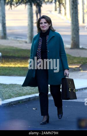 Madrid Espagne; 14/01/2020.- Teresa Ribera quatrième vice-présidente et ministre de la transition écologique et du défi démographique Pedro Sanchez, présidente de l'Espagne et de ses 22 ministres sur une photo de l'équipe de travail et de son premier conseil des ministres du Complexe la Moncloa, Siège du pouvoir exécutif du gouvernement du Royaume d'Espagne. Carmen Calvo: Ministre De La Présidence, Relations Avec Les Tribunaux Et Mémoire Démocratique Pablo Iglesias: Droits Sociaux Et 2030 Agenda Nadia Calviño: Économie Et Transformation Numérique Teresa Ribera: Transition Écologique Et Défi Démographique Ar Banque D'Images