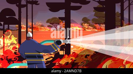 tuyau de sécurité pour pompier pour éteindre un feu de forêt dangereux en australie lutte contre le feu de brousse bois sec bois brûlant arbres lutte contre le feu catastrophe naturelle intense flammes d'orange illustration vectorielle horizontale Illustration de Vecteur
