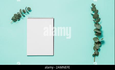 Cahier vierge et eucalyptus sur fond bleu. Vider le papier pour ordinateur portable et la branche d'eucalyptus sur fond bleu pastel avec espace de copie pour le texte ou la conception.bannière horizontale.plat, vue du dessus, espace de copie Banque D'Images