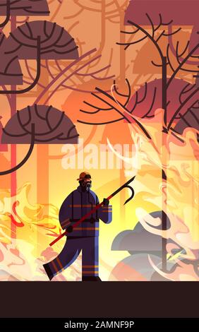 brave pompier tenant la ferraille extinction dangereux feu de forêt pompier lutte avec feu de brousse lutte contre la catastrophe naturelle concept intense flammes orange pleine longueur illustration de vecteur vertical Illustration de Vecteur