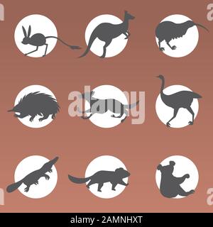 set dessins animés animaux sauvages en voie de disparition tasmanie diable echidna dingo jerboa ostrich kiwi platypus koala kangaroo symboles collection espèces faune concept plate illustration vectorielle Illustration de Vecteur