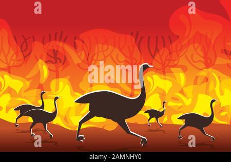 autruches provenant de feux de forêt en australie animaux mourant dans des feux de forêt bushfire brûlant arbres catastrophe naturelle concept intense orange flammes illustration horizontale de vecteur Illustration de Vecteur