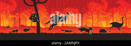 silhouettes d'animaux australiens provenant de feux de forêt en australie feux de forêt buissons arbres de feu de forêt concept de catastrophe naturelle flammes orange intenses illustration horizontale vectorielle Illustration de Vecteur