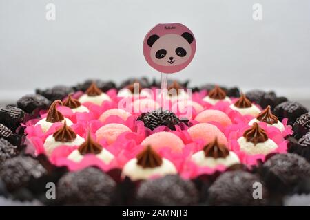 Bonbons brésiliens typiques pour l'anniversaire des enfants. Fille anniversaire fête décoration détail. Merveilleux bonbons, cupcakes, boîtes à gâteaux et motifs. Mise au point sélective Banque D'Images